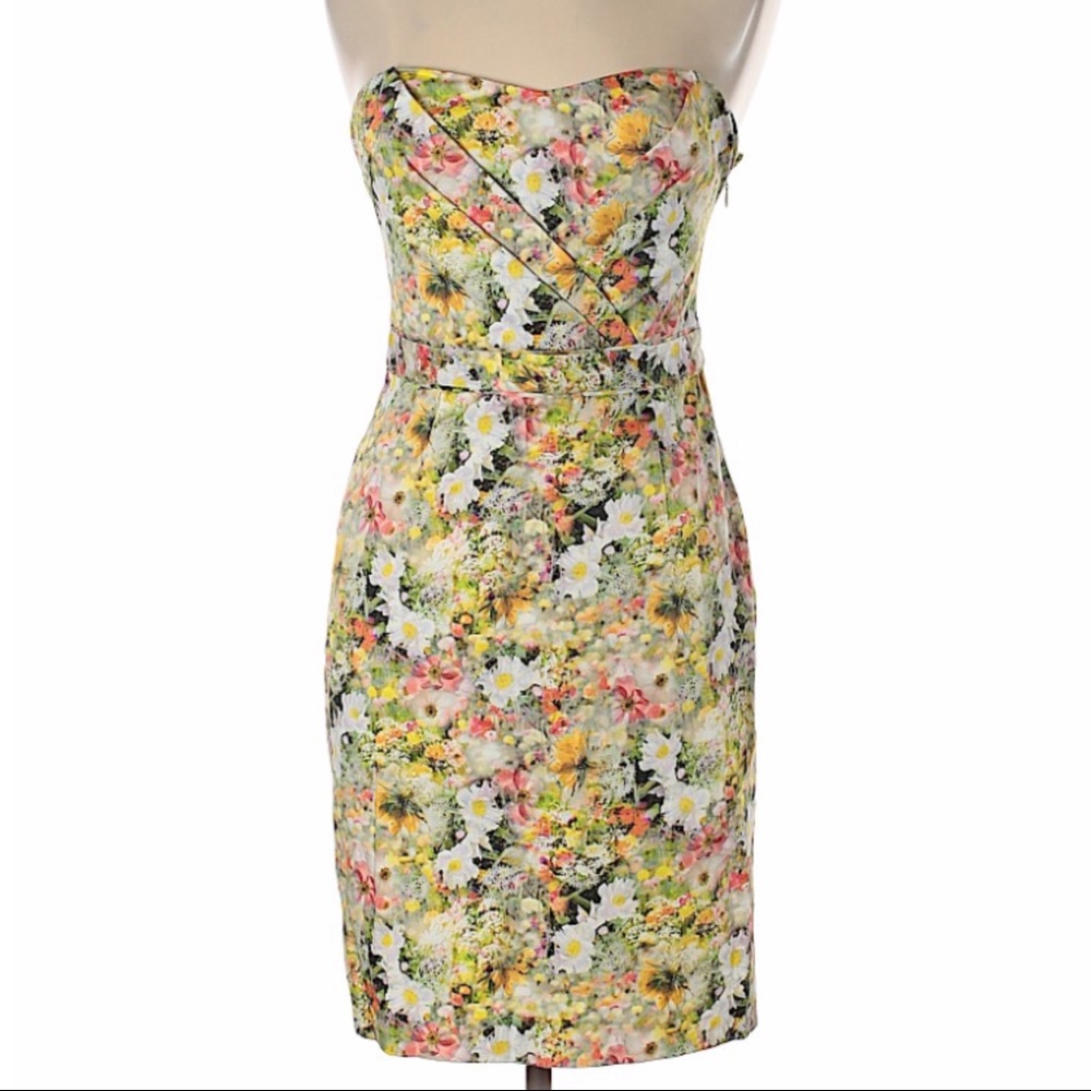 🍀 Oasis Yellow Floral Strapless Cocktail Dress